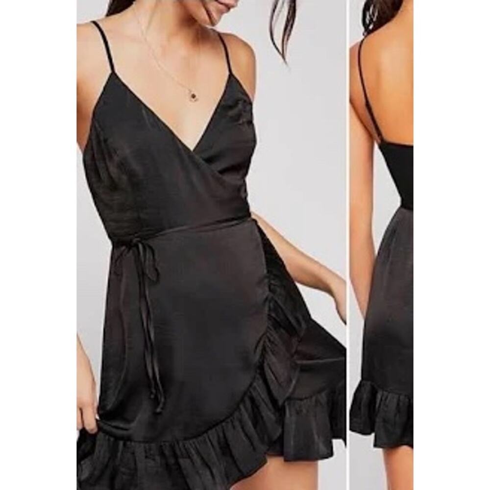 Free People Black  All My Love Wrap Shine Mini Dress Sz S